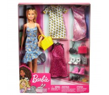 BARBIE Con Vestito Floreale Borsa Gialla e Vestiti e Accessori di Ricambio 30cm Originale Mattel GDJ40