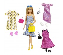 BARBIE Con Vestito Floreale Borsa Gialla e Vestiti e Accessori di Ricambio 30cm Originale Mattel GDJ40