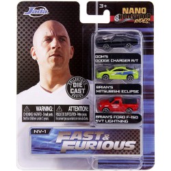 FAST AND FURIOUS Set 3 Diversi MINI Modellini AUTO 4cm Dodge Charger Eclipse e Ford F-150 NANO Hollywood Rides DIE CAST Jada
