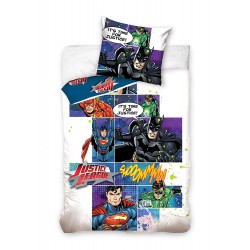 Set Letto JUSTICE LEAGUE Vignette Superman Flash Batman Originale COPRIPIUMINO 160x200cm e FEDERA 70x80cm 100% Cotone