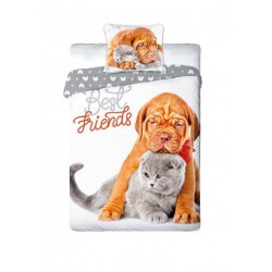 Single BED SET Cotton Duvet Cover DOGO DOG and CERTOSINO CAT Best Friends Animal 160x200cm