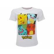 POKEMON T-Shirt Maglietta BIANCA Con 4 Pokemon Starter Pikachu Bulbasaur Charmander Squirtle Originale UFFICIALE Videogioco