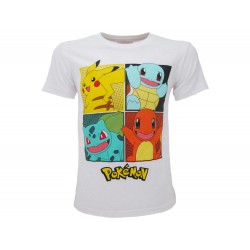 POKEMON T-Shirt Maglietta BIANCA Con 4 Pokemon Starter Pikachu Bulbasaur Charmander Squirtle Originale UFFICIALE Videogioco