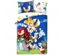 Set Letto SONIC THE HEDGEHOG Disegno TRIO Tails Knuckles COPRIPIUMINO Reversibile 140x200 Federa Originale COTONE