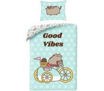 BED SET Duvet Cover PUSHEEN GOOD VIBES Bike Sidecar Cat Emoticon 140x200 COTTON