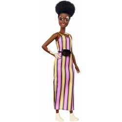 BARBIE FASHIONISTAS Bambola Nera con Vitiligine e Capelli Ricci Scuri Abito Lungo a righe Originale Mattel GHW51