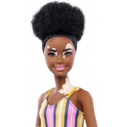 BARBIE FASHIONISTAS Black Doll with Vitiligo and Curly Brunette Hair Wearing Striped Dress Original Mattel GHW51