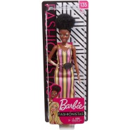 BARBIE FASHIONISTAS Black Doll with Vitiligo and Curly Brunette Hair Wearing Striped Dress Original Mattel GHW51