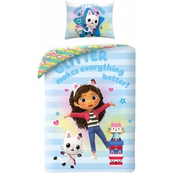 Set Letto GABBY GLITTER MAKES EVERYTHING BETTER Casa Bambole Gabby's DOLLHOUSE Originale Copripiumino 140x200cm Cotone HALANTEX