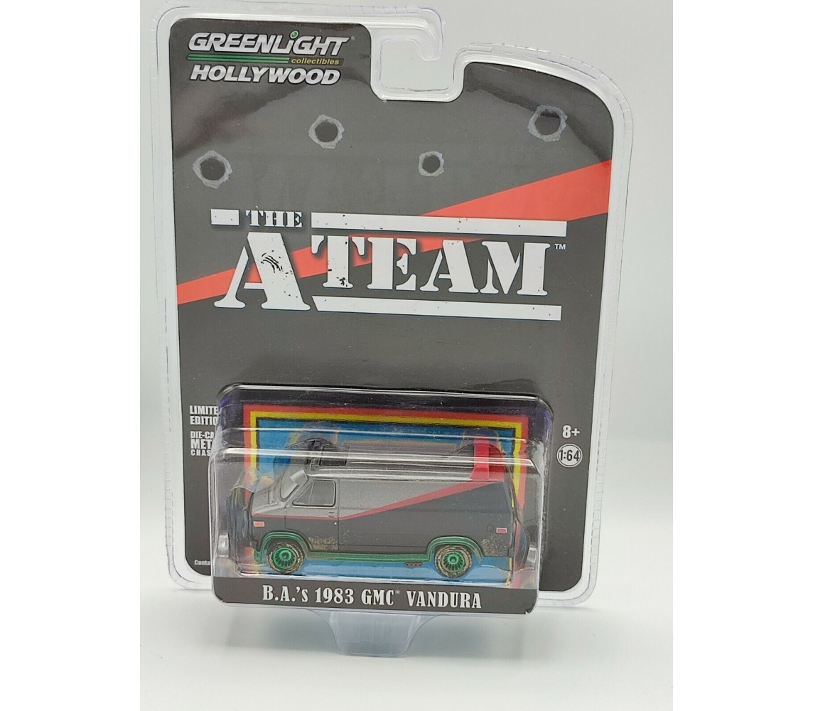 copy of A-TEAM Modello DieCast Furgone GMC VANDURA 1983 di B.A. BARACUS Scala 1/64 Rovinato Sporco ORIGINALE Greenlight