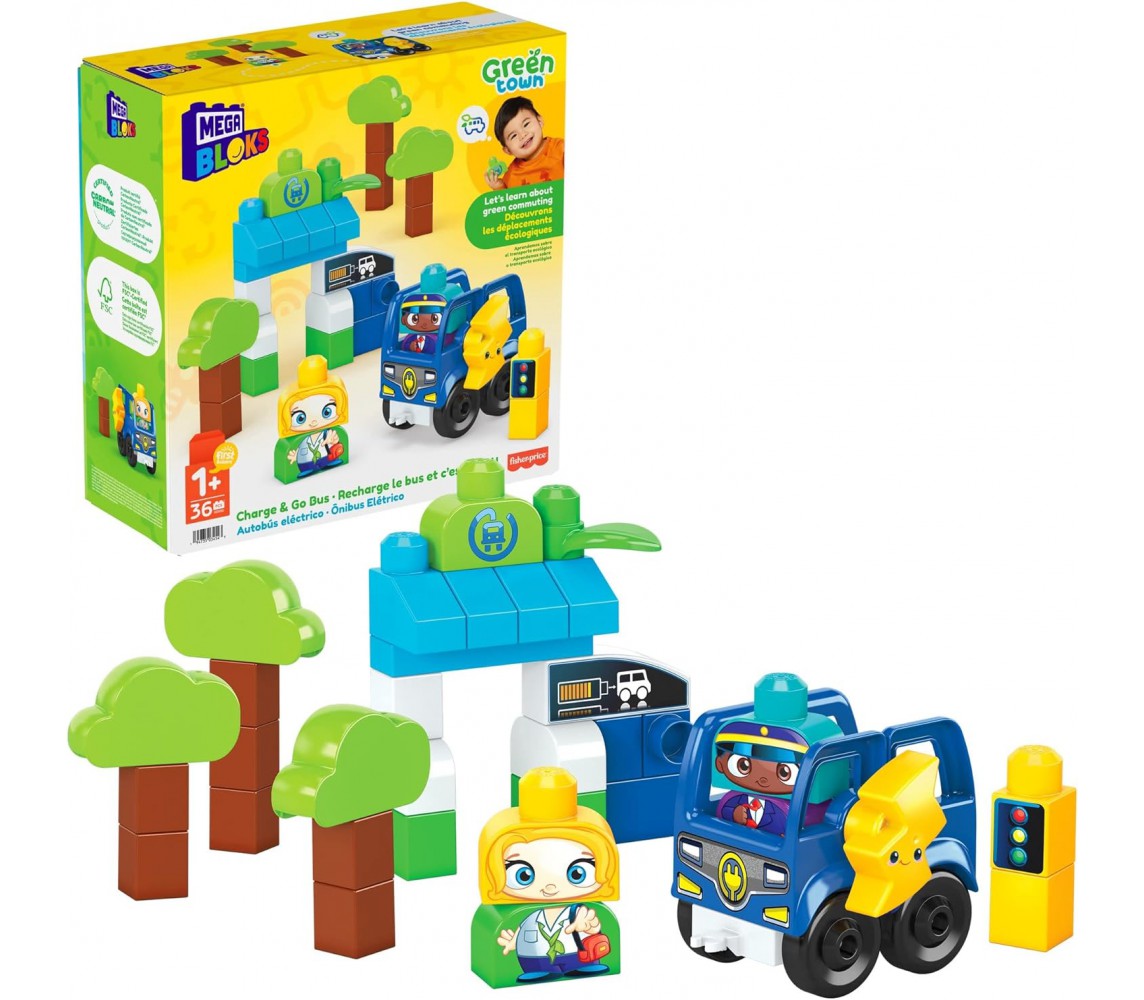 GREEN TOWN Playset Bus Ecologico Mattoncini Costruzione 34 pz. MEGA BLOKS HDX90