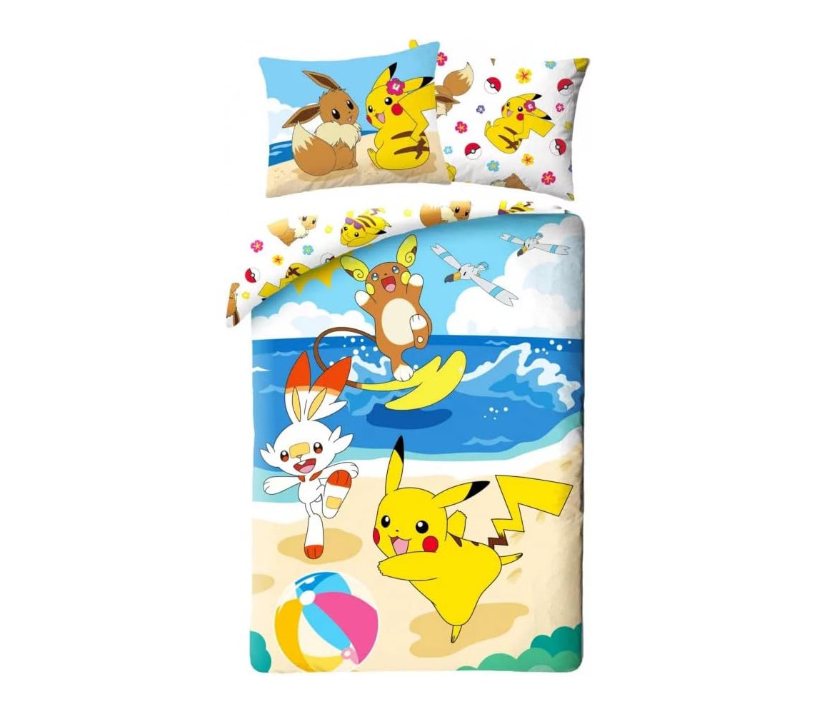 Set Letto POKEMON Spiaggia Mare EEVEE Pikachu COPRIPIUMINO Cotone 140x200