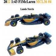 DieCast Model McLAREN MCL36 Formula 1 Car Scale 1/43 15cm Driver LANDO NORRIS Number 4 Original Die Cast Bburago 38063