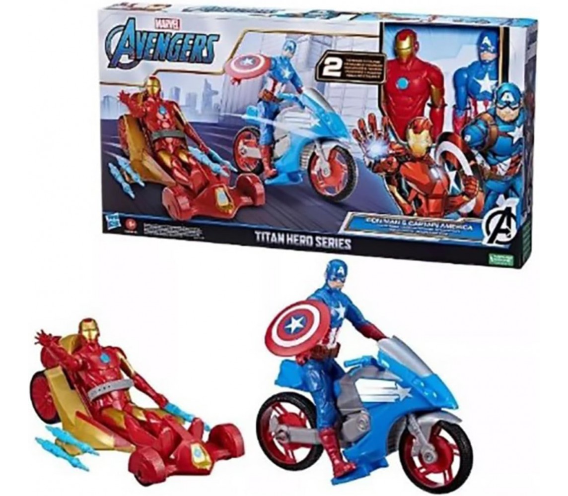 AVENGERS TITAN HERO Playset IRON MAN e CAPITAN AMERICA 2 Figure 30cm con VEICOLI