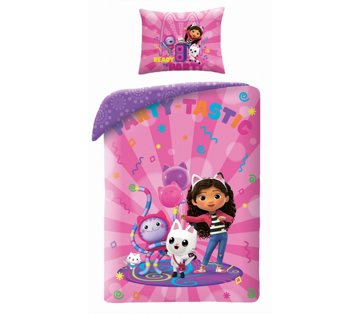 Set Letto GABBY GLITTER MAKES EVERYTHING BETTER Casa Bambole Gabby's DOLLHOUSE Originale Copripiumino 140x200cm Cotone HALANTEX