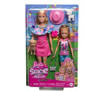 BARBIE STACIE RESCUE Box Pack 2 Dolls with 2 Pets DOG and CAT Mattel HRM09