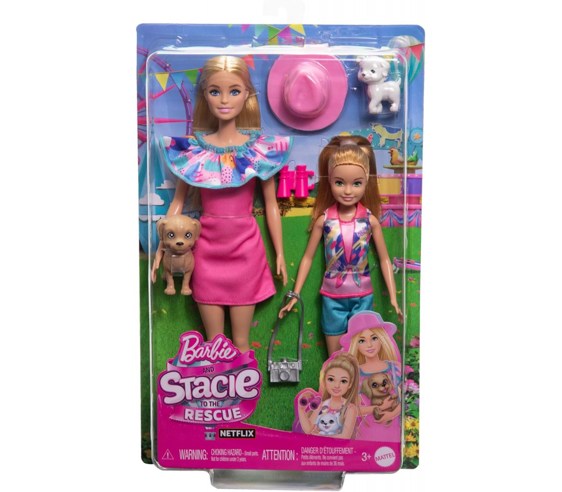 BARBIE STACIE RESCUE Box Pack 2 Dolls with 2 Pets DOG and CAT Mattel HRM09