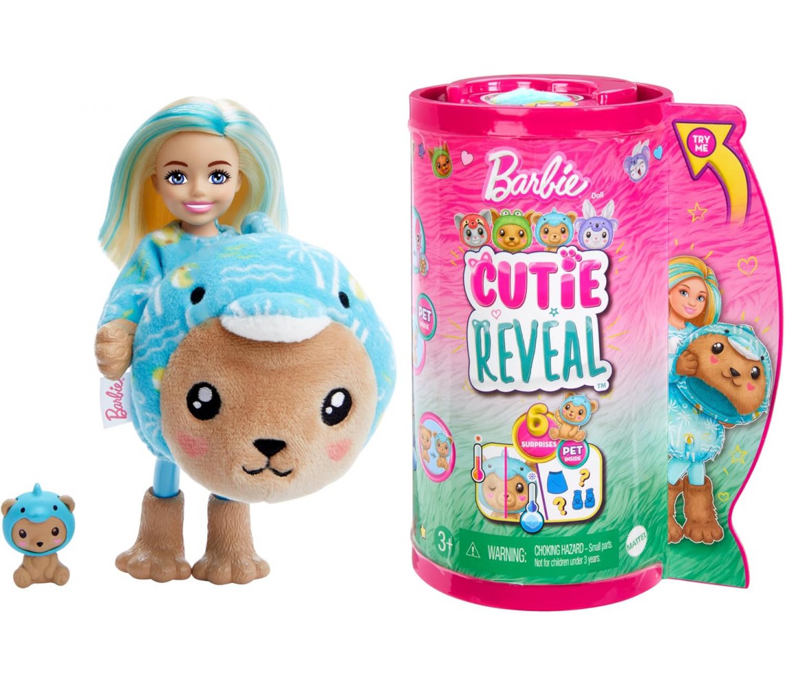 BARBIE CUTIE REVEAL DOLL CHELSEA Playset Plush Costume Dolphin HRK30 Mattel
