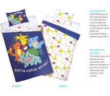 Set Letto POKEMON CATCH ALL Copripiumino 140x200cm PIKACHU CHARMANDER Poliestere