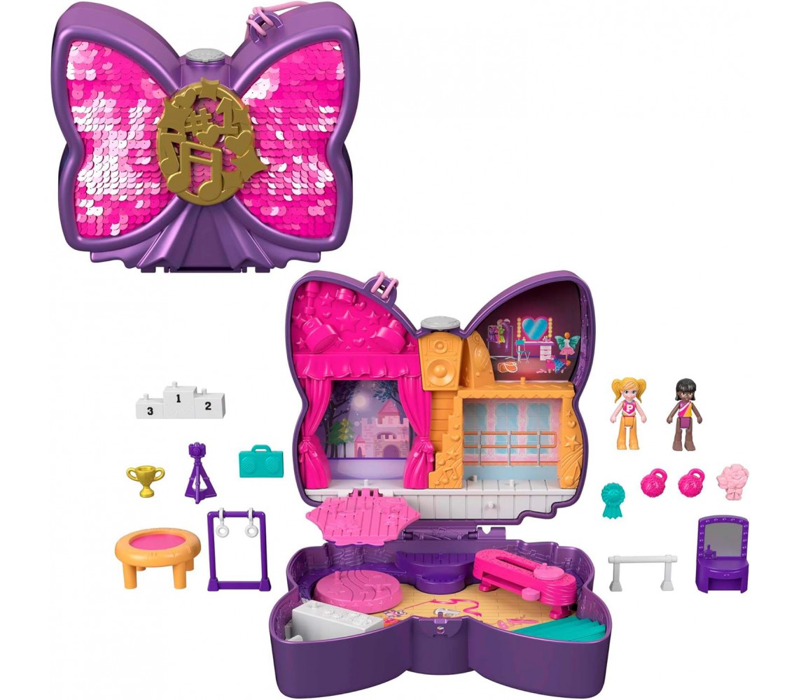 BROKEN PACKAGE Playset POLLY POCKET Dance Themed Sparkle Stage With 2 Figures and 12 Accessories MATTEL HCG17