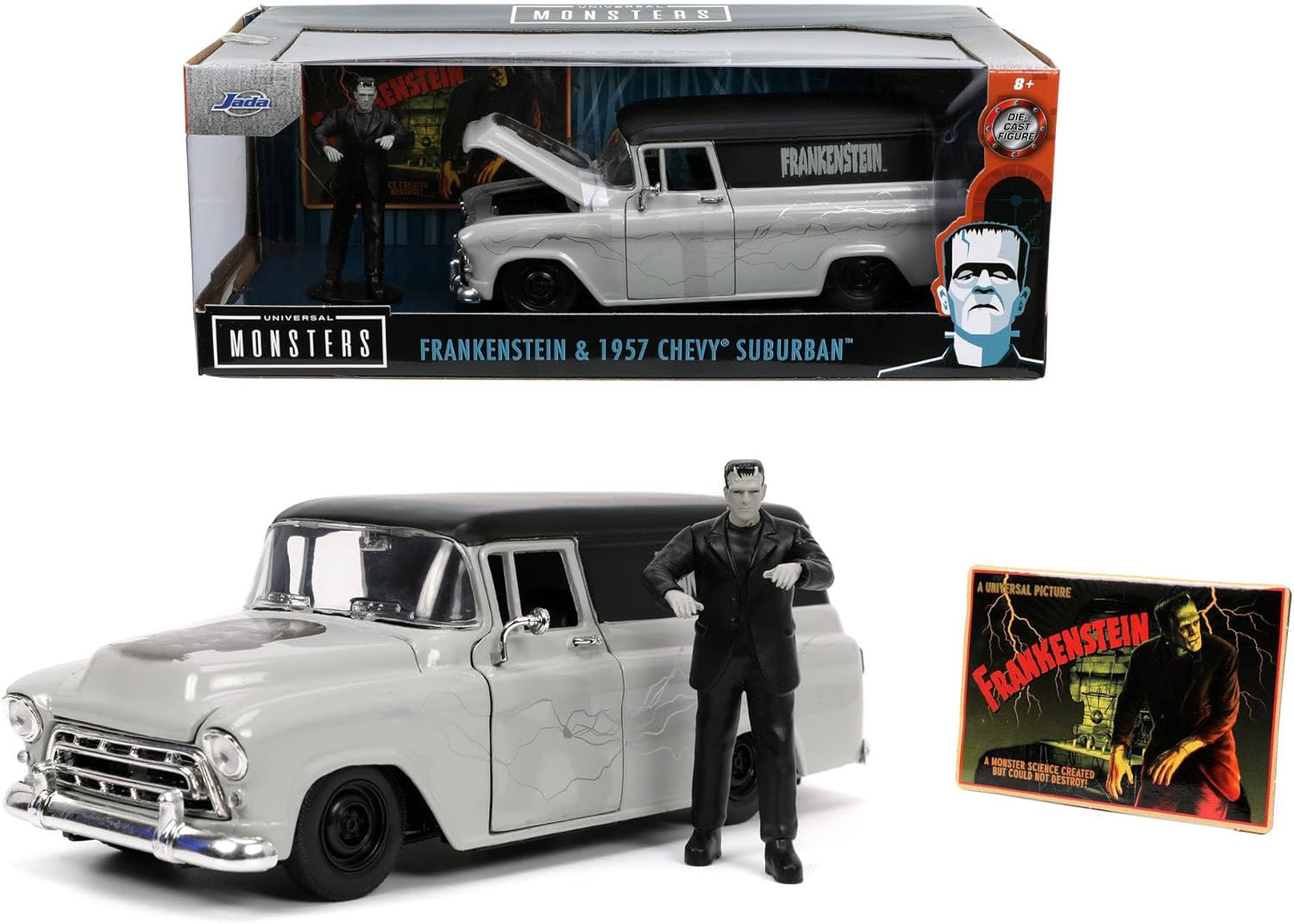 FRANKENSTEIN Modello Auto CHEVY SUBURBAN DieCast 20cm CON Figura Scala 1/24 JADA - Foto 1 di 5
