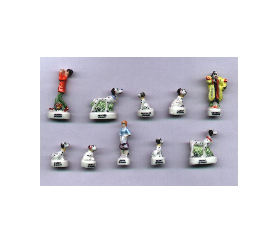 CARICA 101 DALMATA Cani OLD Set 10 FIGURE 3cm Porcellana FEVES Francia DISNEY