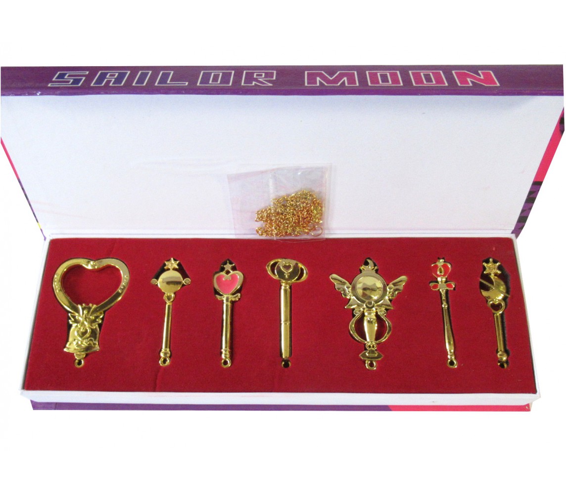 SAILOR MOON Raro BOX Set 7 CIONDOLI Pendenti SCETTRO LUNARE Chiave Tempo NUOVI