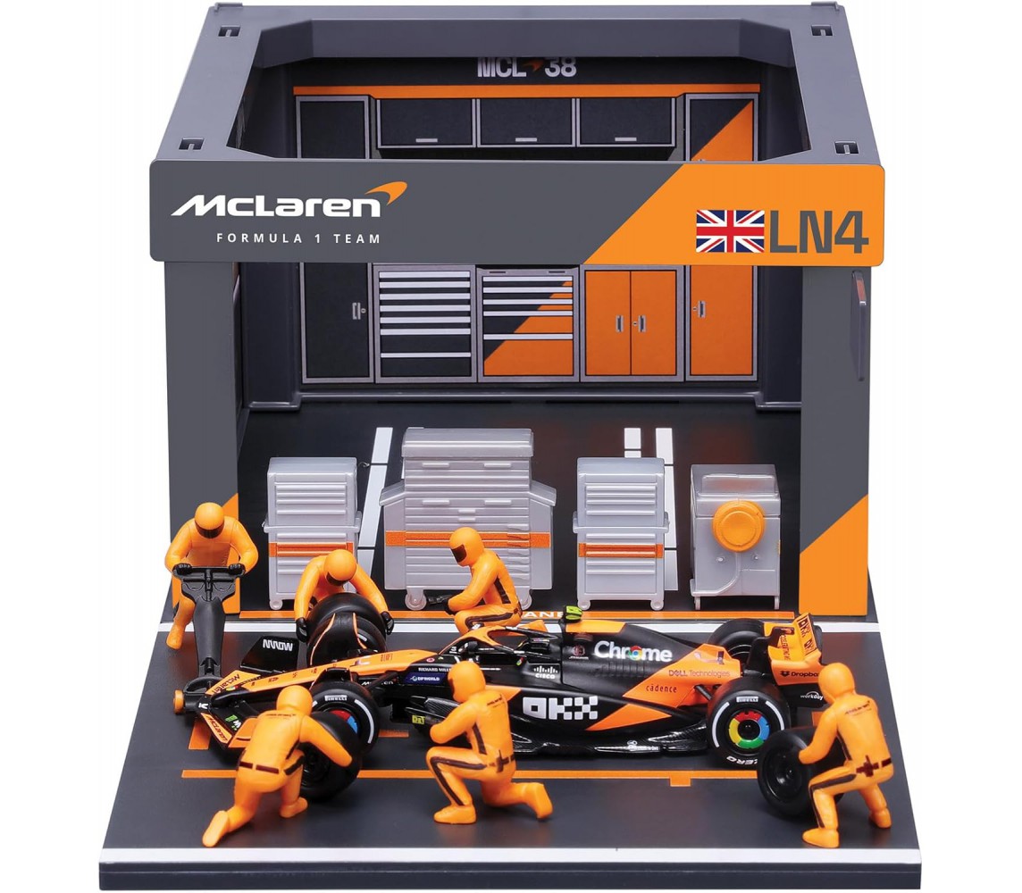 McLAREN MCL38 DIORAMA PITSTOP MIAMI GP 2024 DieCast 2 Car Model F1 1/43 14cm LANDO NORRIS PIASTRI DieCast Bburago 38109