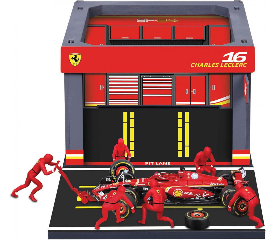FERRARI DIORAMA PITSTOP SF-24 CHARLES LECLERC 16 2024 DieCast Car Model F1 1/43 14cm DieCast Bburago 18-36862