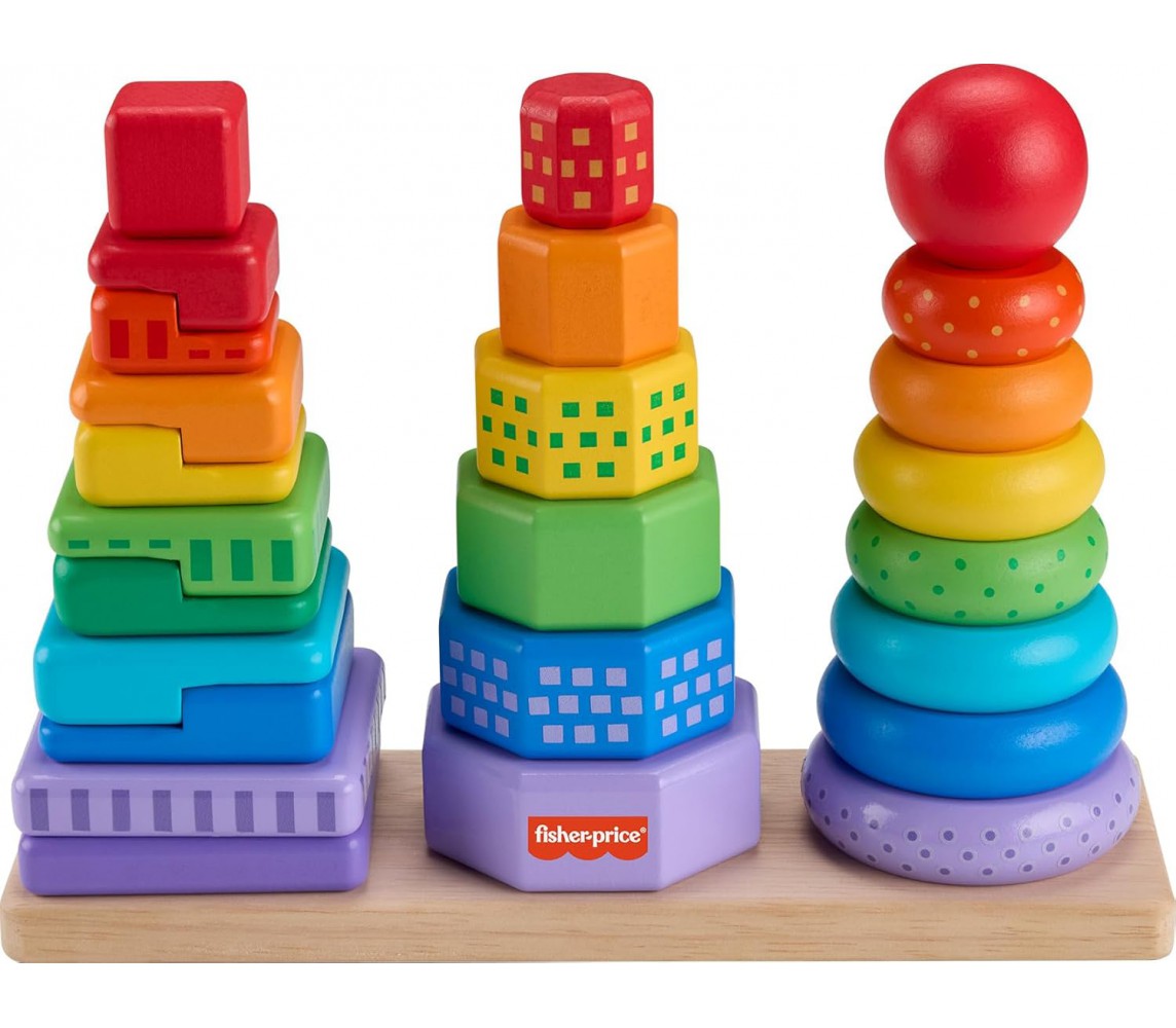 3 Wooden Toddler Toy Stackable Shape Sorter 26 Wooden Pieces Fisher Price HXT76
