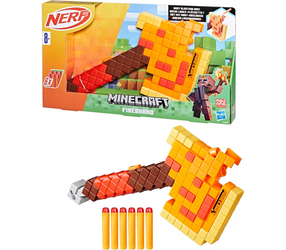 NERF MINECRAFT FIREBRAND AXE Dart-Blasting Crossbow 6 Dards HASBRO F8953