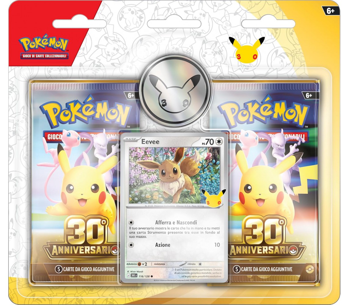 30. ANNIVERSARIO POKEMON gioco carte ITALIANO 2 Buste espansione EEVEE 1 moneta