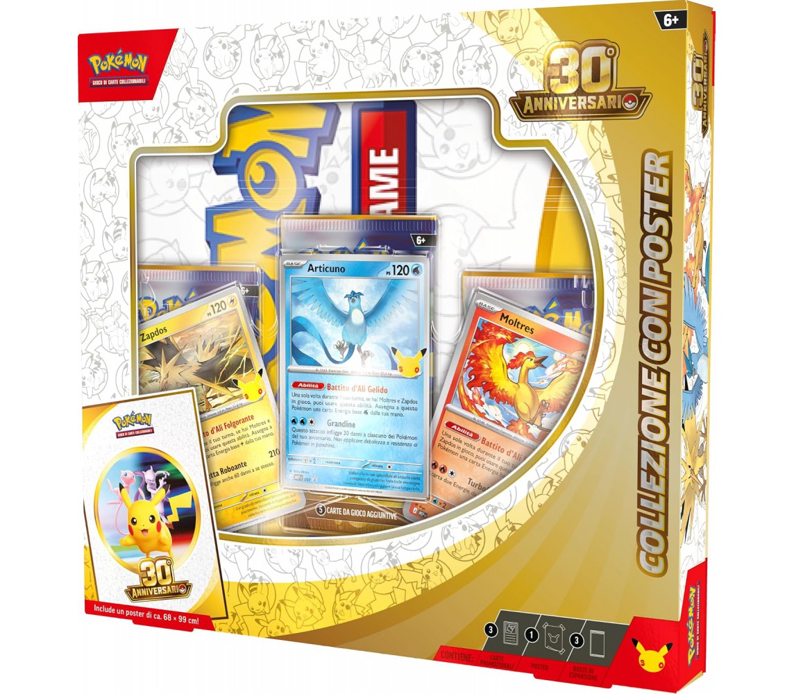 30. ANNIVERSARIO POKEMON gioco 3 carte promozionali +3 buste con POSTER ITALIANO