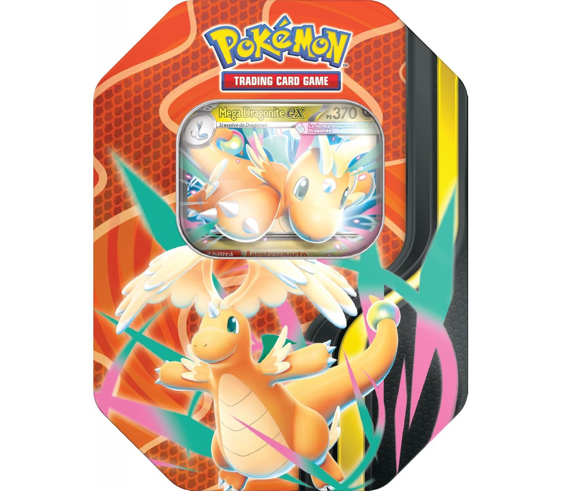 CARTE POKEMON gioco MEGA DRAGONITE TIN METAL ITALIANO 4 Buste +1 olografica