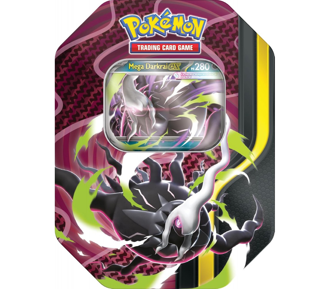 CARTE POKEMON gioco MEGA DARKRAI TIN METAL BOX ITALIANO 4 Buste +1 olografica