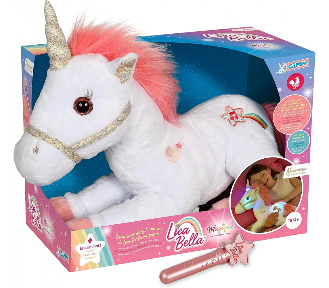 Peluche UNICORNO LICA BELLA con luci e suona melodie Lunghezza 35cm Gipsy