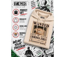 ONE PIECE Felpa con Cappuccio RORONOA ZORO WANTED Adulto ORIGINALE BEIGE