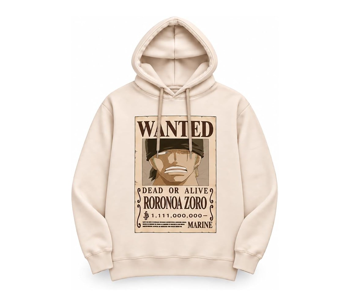 ONE PIECE Felpa con Cappuccio RORONOA ZORO WANTED Adulto ORIGINALE BEIGE