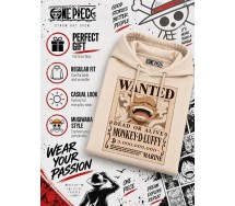 ONE PIECE Felpa con Cappuccio MONKEY D LUFFY WANTED Adulto ORIGINALE BEIGE