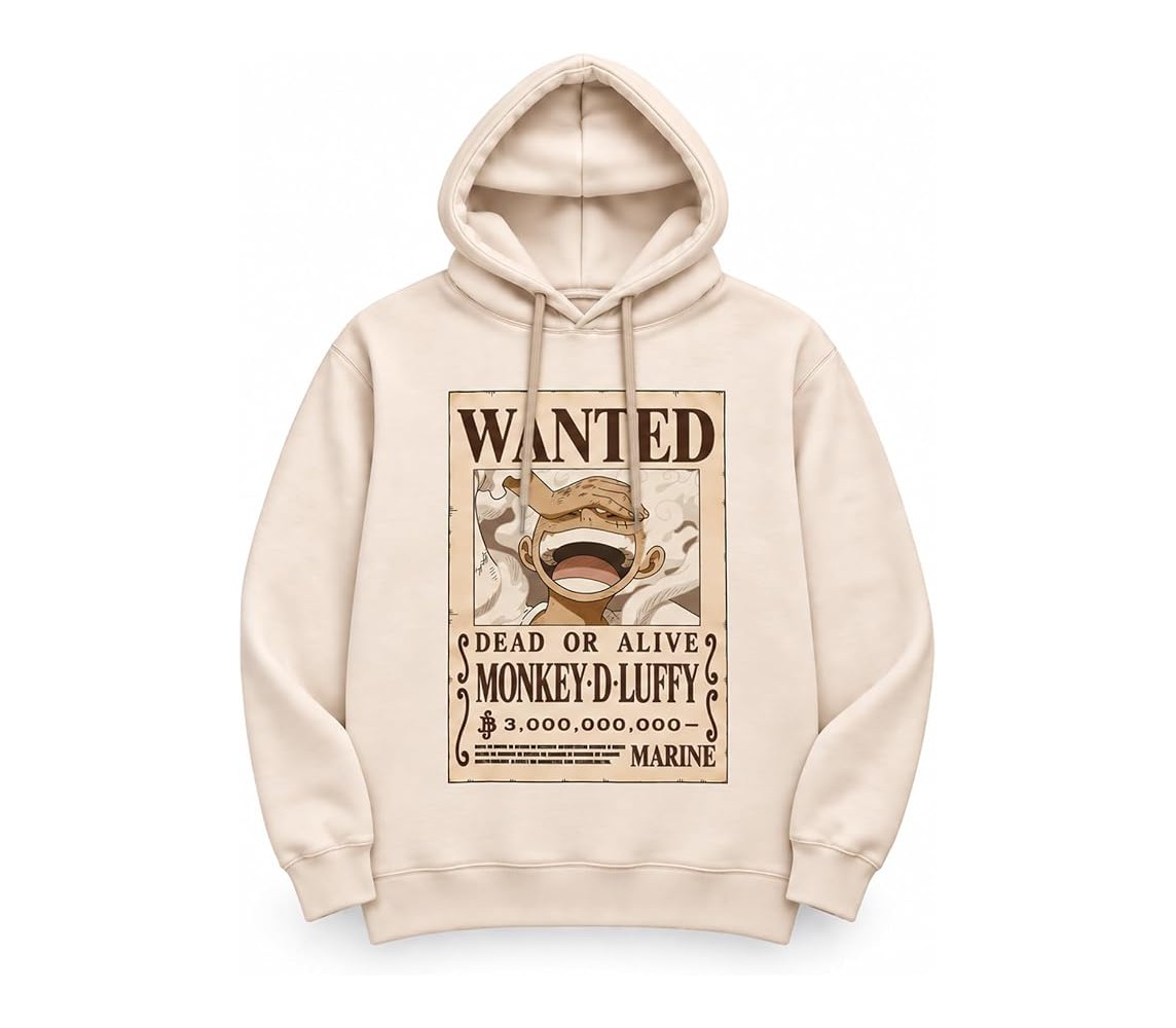 ONE PIECE Felpa con Cappuccio MONKEY D LUFFY WANTED Adulto ORIGINALE BEIGE