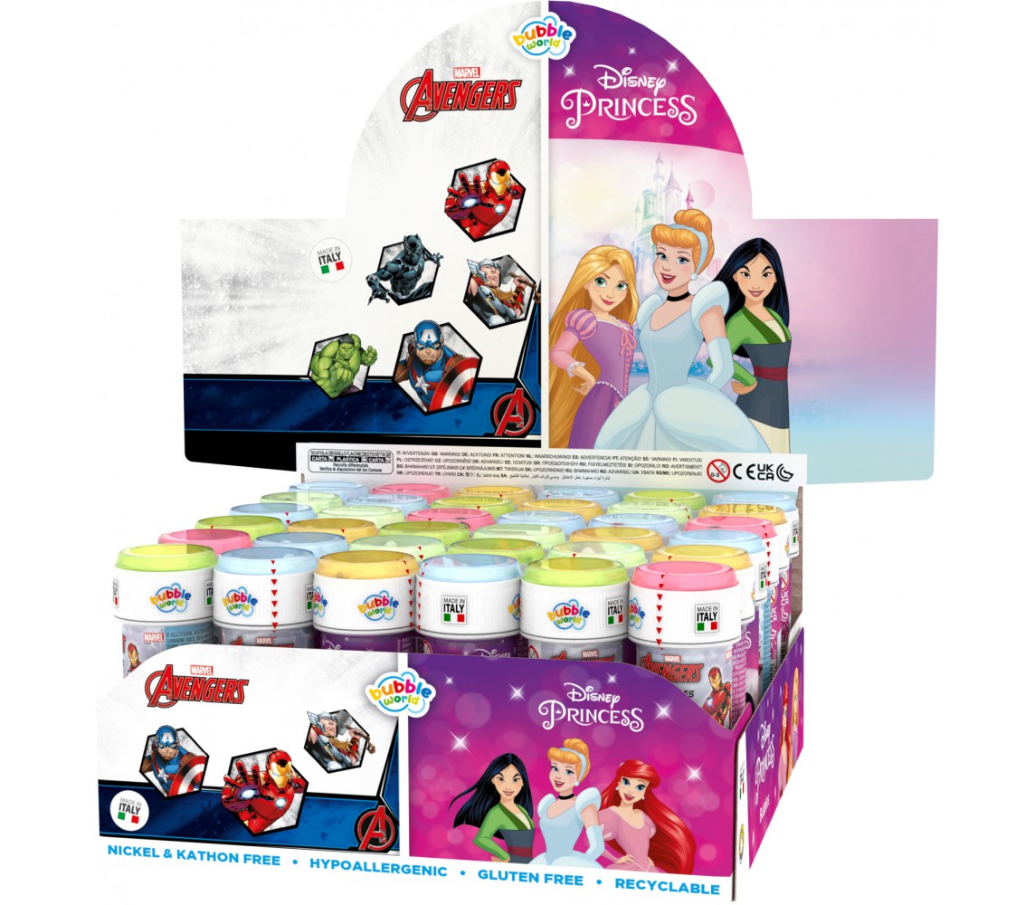 BOLLE SAPONE AVENGERS e PRINCESS Party Box Display 36 Flaconi 60ml Dulcop