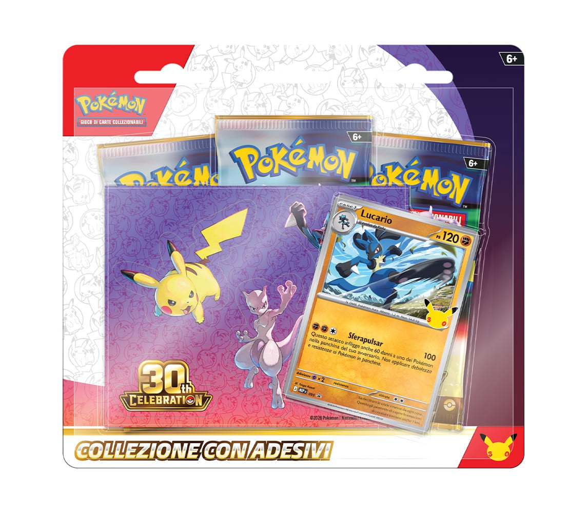 30. ANNIVERSARIO POKEMON gioco carte Blister 3 Buste ITALIANO ADESIVI LUCARIO