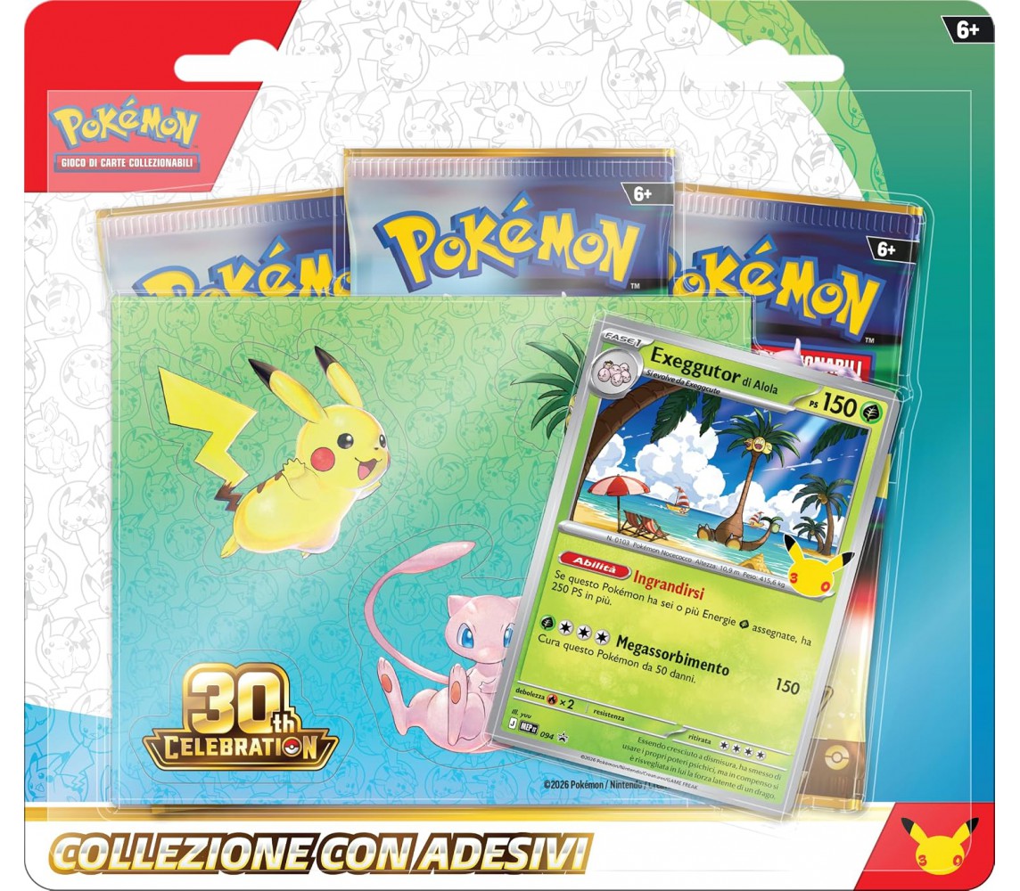 30. ANNIVERSARIO POKEMON gioco carte Blister 3 Buste ITALIANO ADESIVI EXEGGUTOR