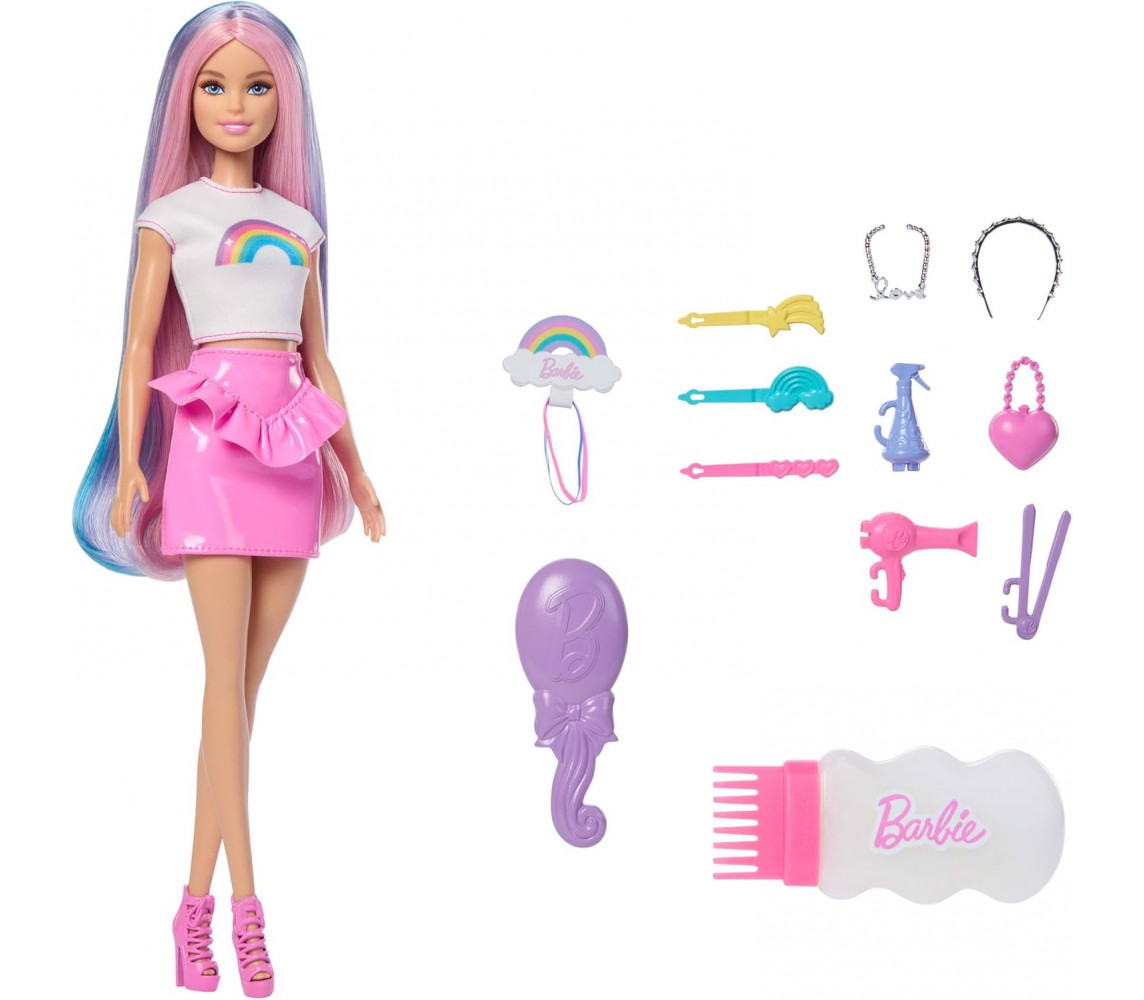 BARBIE CAPELLI ARCOBALENO Bambola 30cm Playset 12 accessori Mattel JJP07